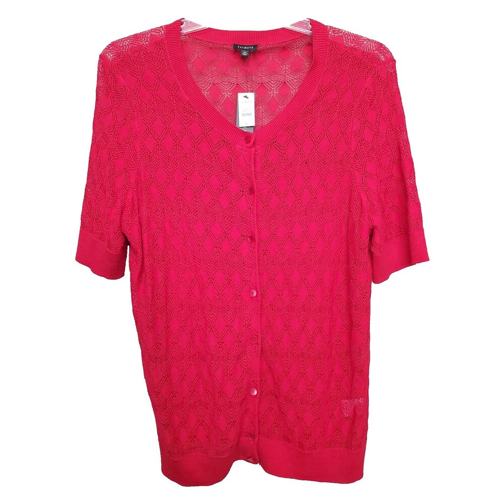 Talbots Red Cotton Blend Pointelle Knit Short Sleeve Button-Up Cardigan XL NWT